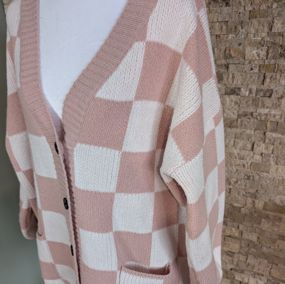 Blush Cream Checkered Cardigan Sweater Oversized Cozy Knit Coquette Soft Girl S image 2